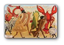 Anthropomophized Pie, couple hotdogs, corn, fish, lobster, clam characters walking on the beach